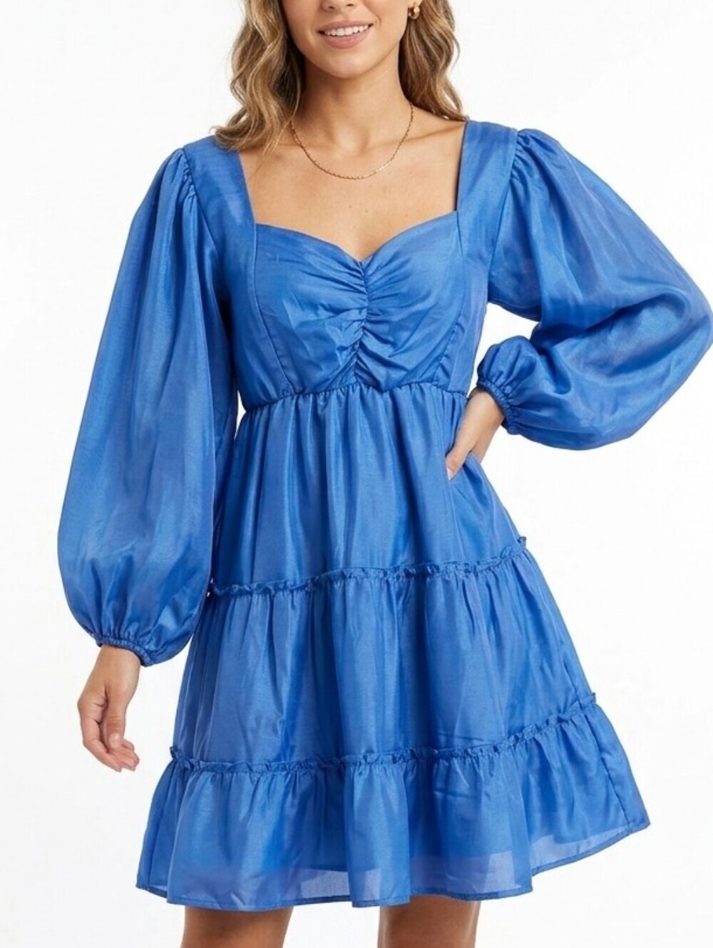 Beyond Words Blue Puff Sleeves Tiered Dress with sweetheart neckline
